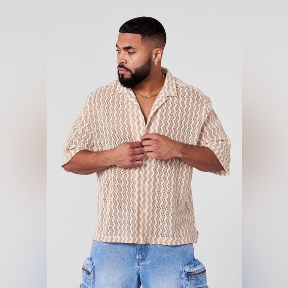 Mens YoungLA 4169 Cabana Short-Sleeve Button-Up Shirt -Beige Stripes Size Medium - Picture 1 of 10